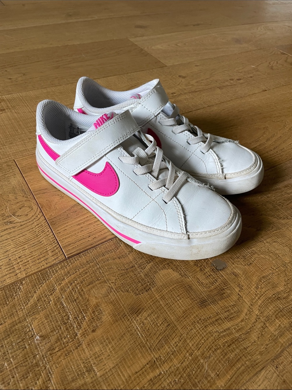 Nike Kids White Sneakers with Hot Pink Swoosh